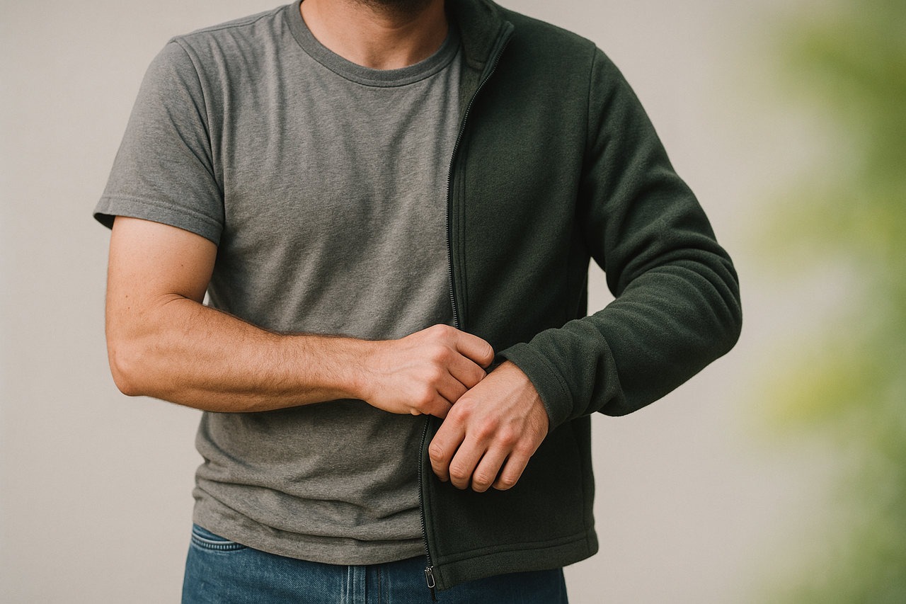 Person layering cotton clothes in soft daylight.