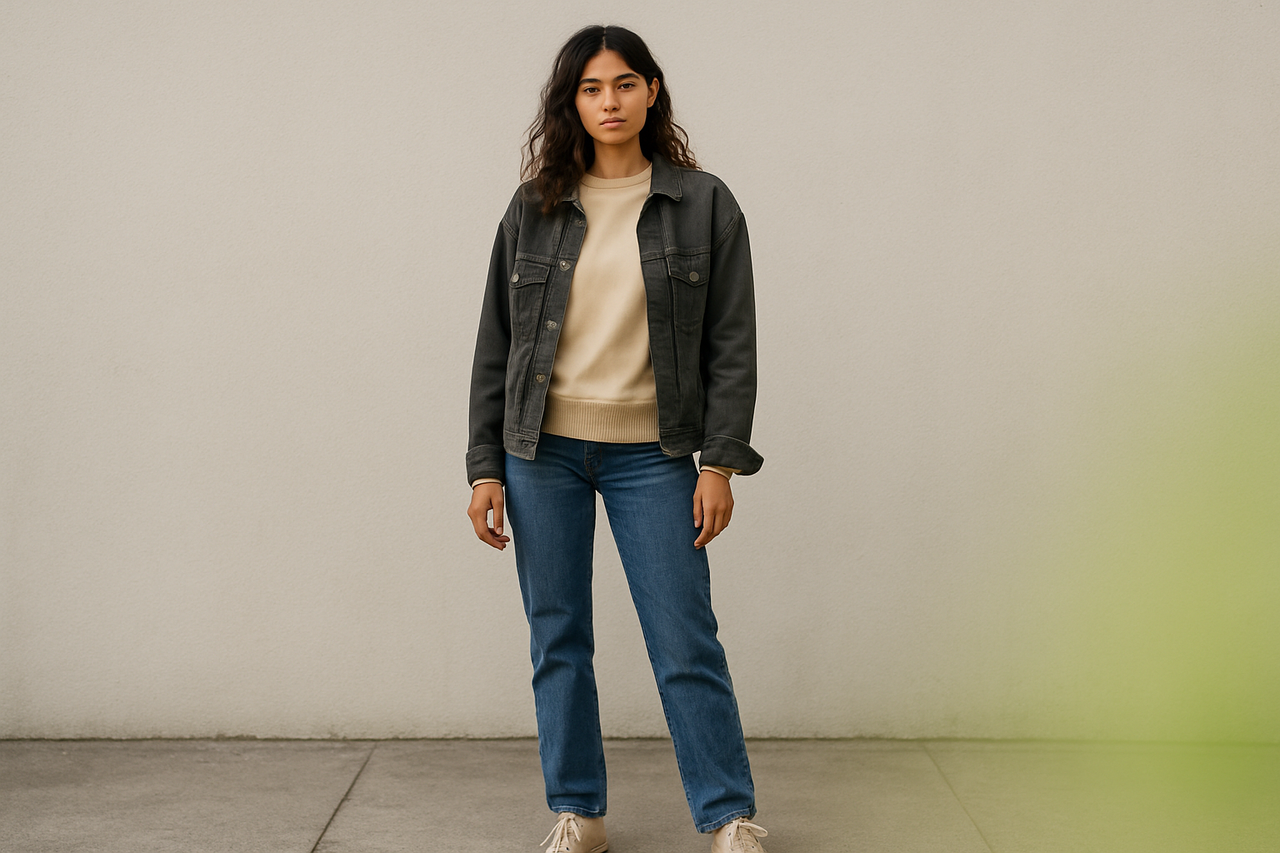 Model in urban cycling fashion with cycling windbreaker and minimalistic tee.