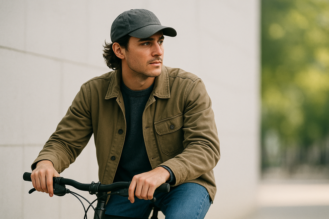 Cyclist wearing matte cotton jacket in urban setting.