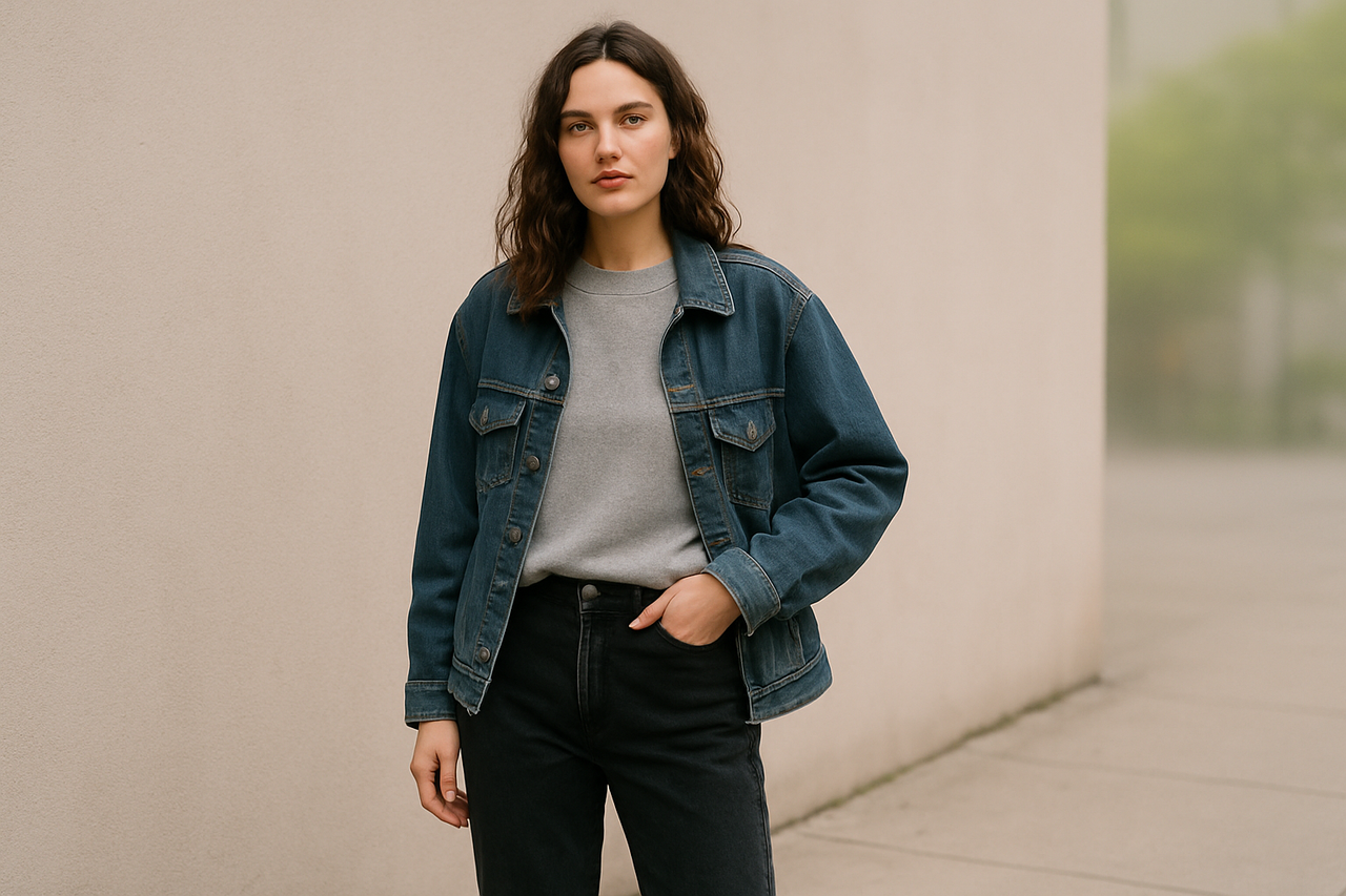 Model showcasing urban cycling fashion with commuter jacket and minimalistic tee.