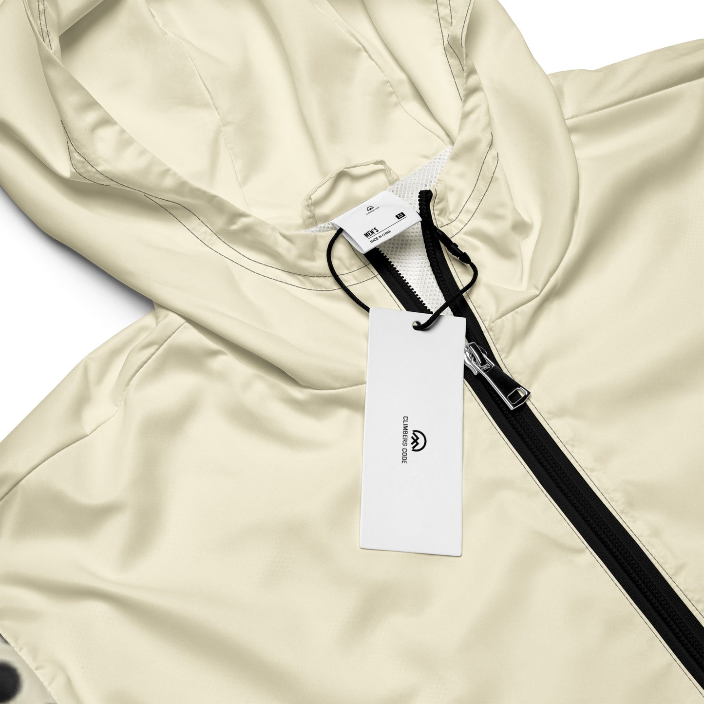 Cortavientos para hombre beige y negro con el logo de climbers code foto etiqueta